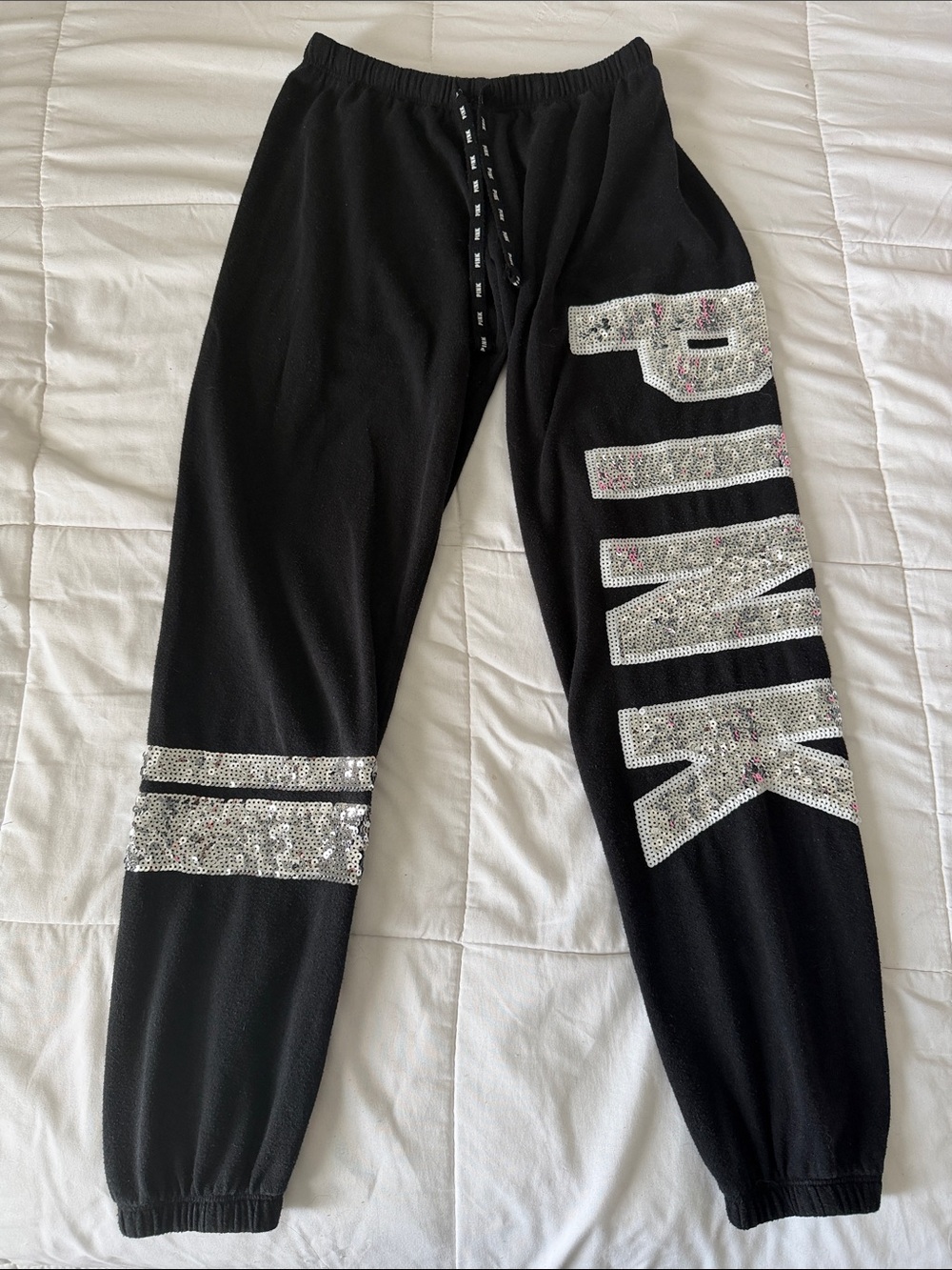 PINK VSecret Black Sweatpants with Silver Sequin Logo
